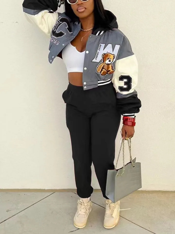 LW Plus size autumn two-piece crop jacket letter decoration topsolid color pants set womens warm hooded jacket and pants 2-piece set 241017