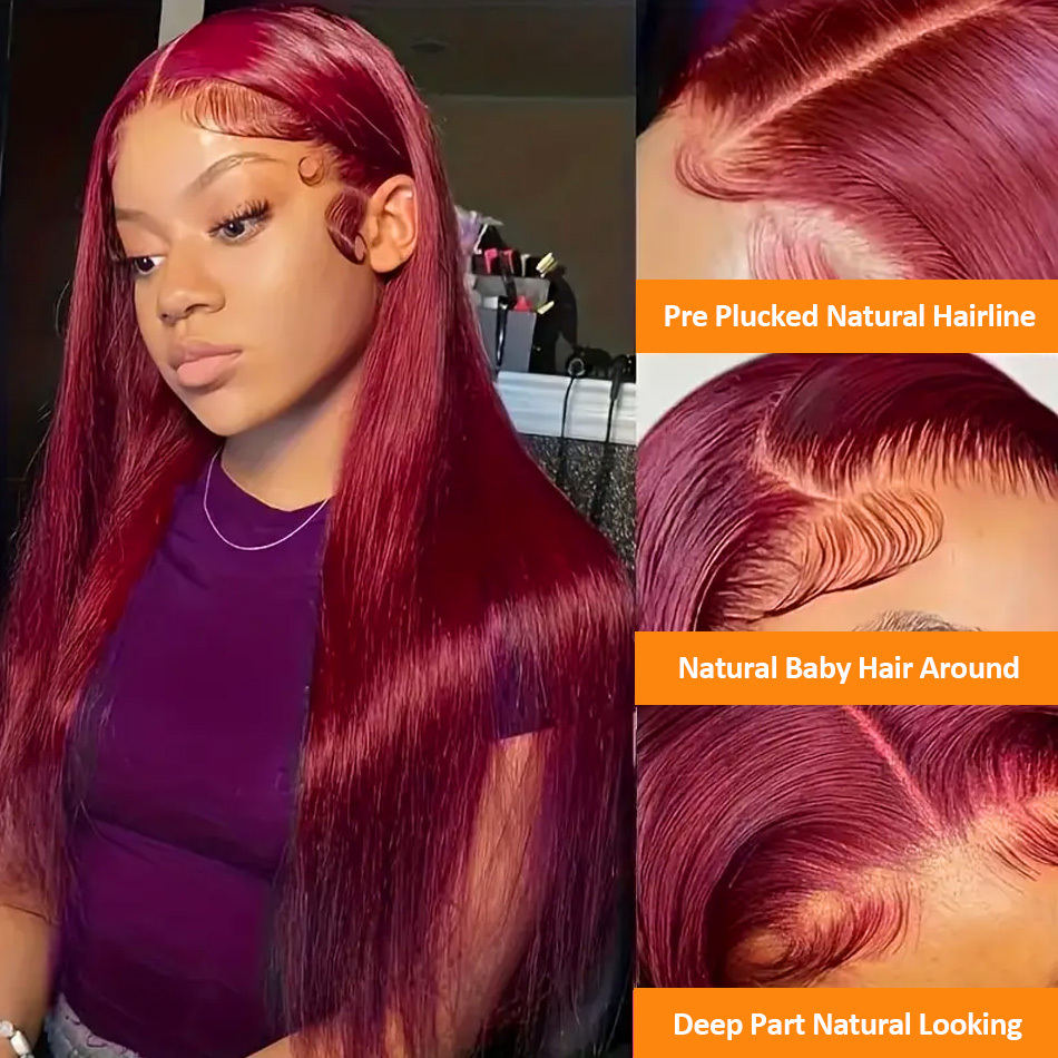 200 Density 30 32 Inch 99J Bury Straight 13X4 Front Human Hair Wig 13X6 Lace Frontal Wigs Red Curly Remy Brazilian Wine