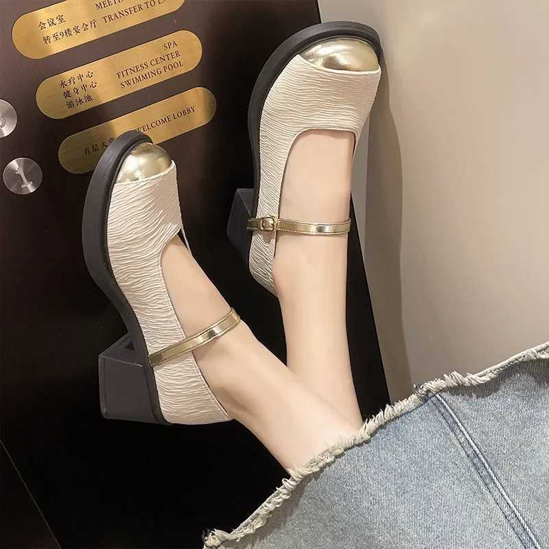 2024 New High Heels Mary Simple Shoes Fashion Metal Round Toe Womens Shoes Retro Thick High Heels Ballet Shoes Shallow Pump Y241017