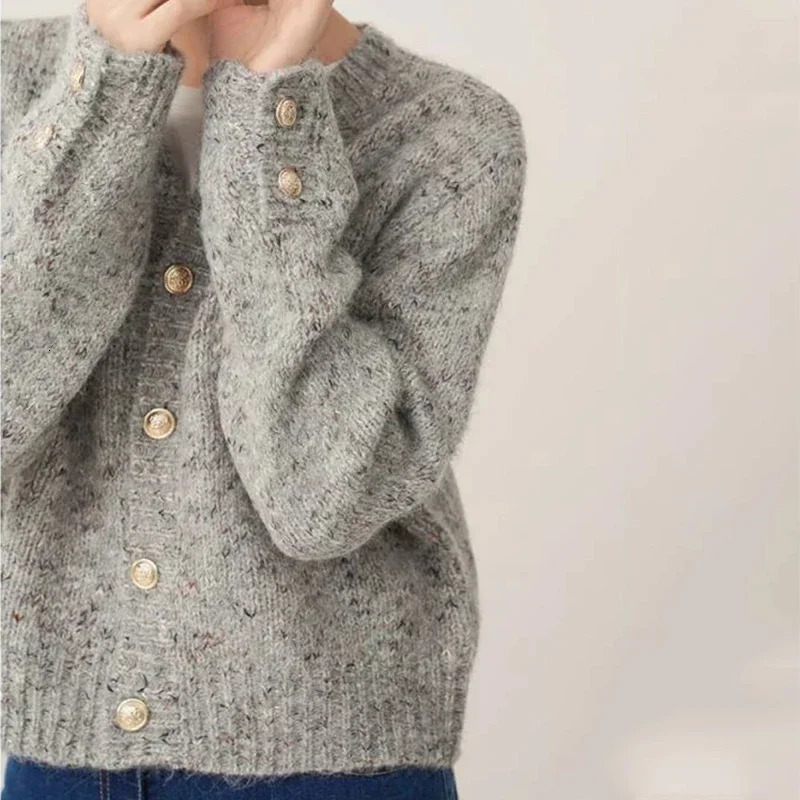 Fall Gray Knit Cardigan Sweater Coat Women O-Neck Long Sleeve Elegant Solid Office Sweater Buttons Pocket Casual Sweater Winter 241017