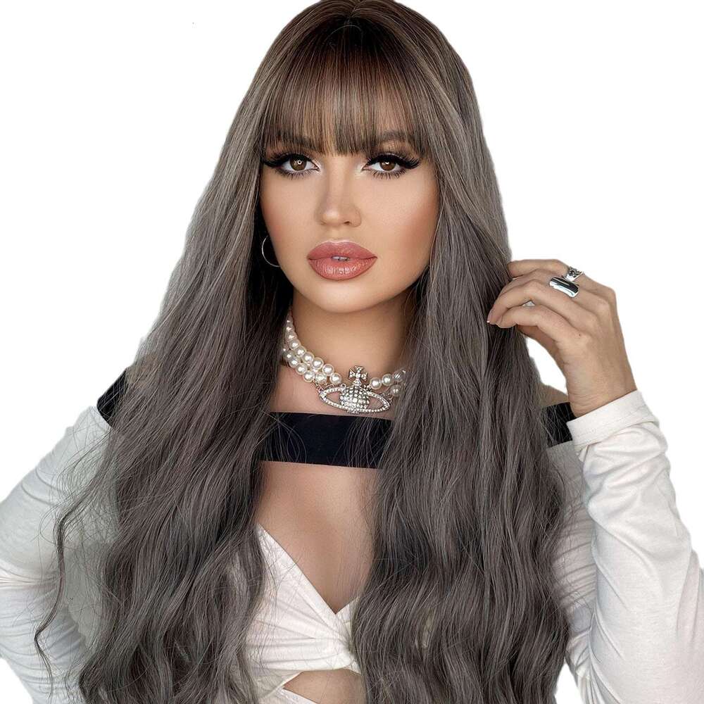 Women's Synthetic Rolled Up With Bangs, Gray Long Nism Wig, Headband