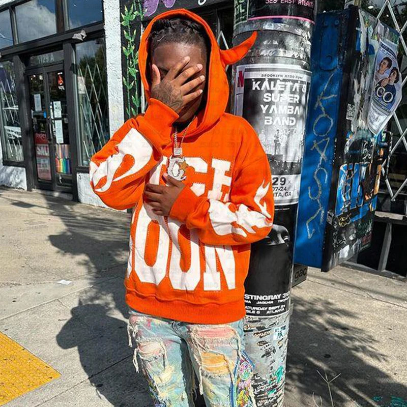 Funny Rhinestone Print Hoodie Y2K Aesthetic Fashion Retro Horn Long Sleeved Hooded Sweatshirt Women Men Clothing Kpop Street Top 241017