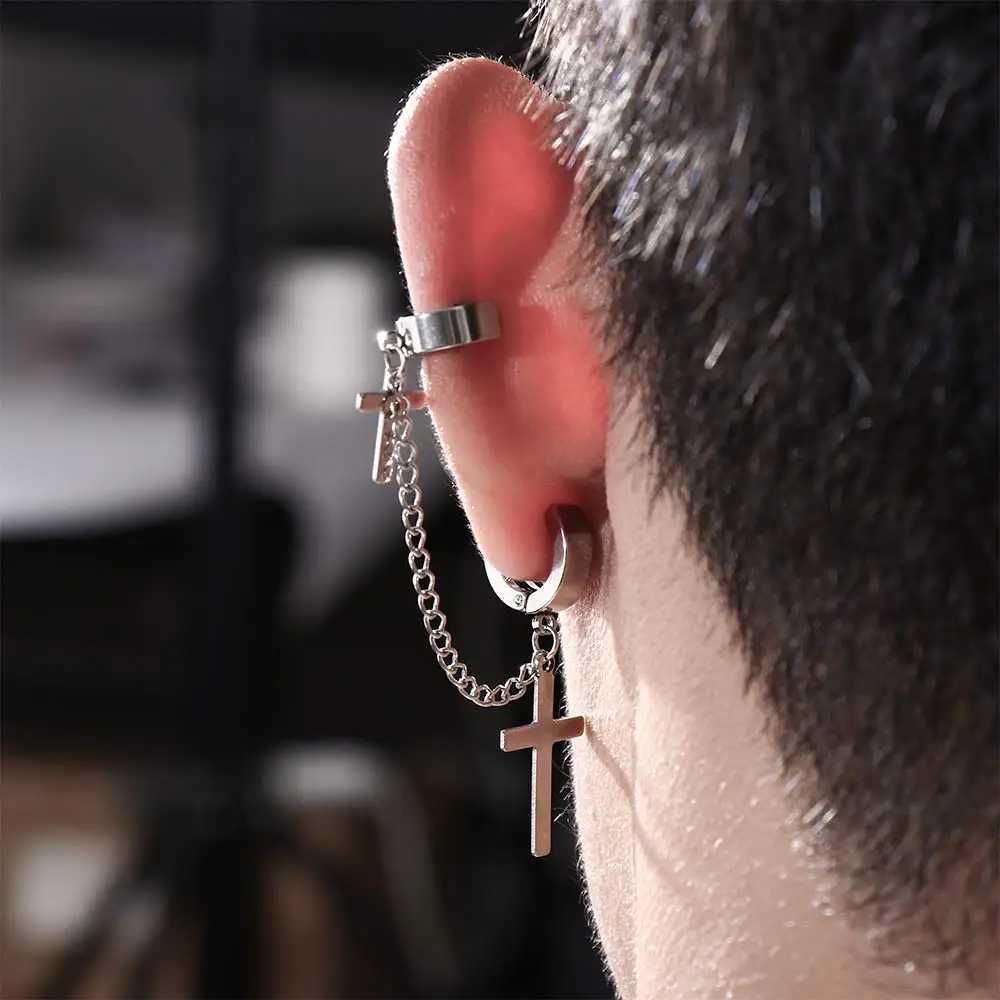 1 piece of fashionable punk cross clip earrings suitable for teenagers women men earrings cuffs jewelry vintage metal chains tassel earrings W241017