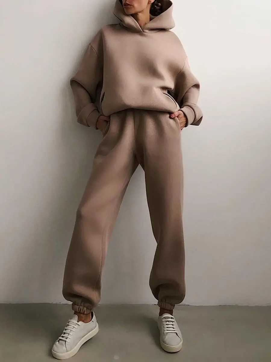 Womens Tracksuit Suit Winter Fashion Warm Hoodie Sweatshirts Two Pieces Oversized Solid Casual Hoody Pullovers Long Pant SetsX241016