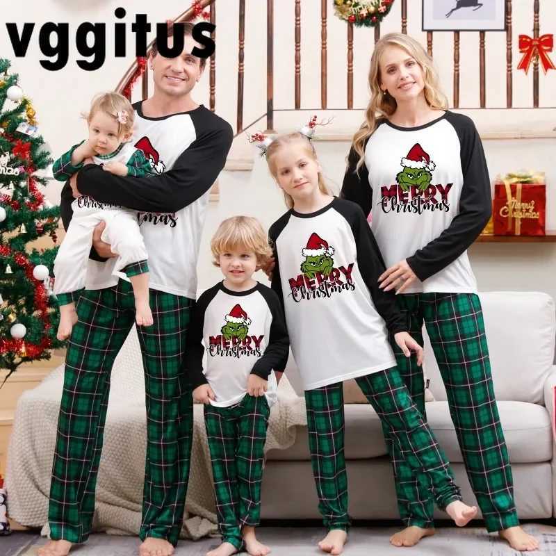 Christmas Set Spring and Autumn Family Matching Pajama Set Christmas Tree Printed Green Checkered Pants 2-piece Set Pajama Set E105 W241015