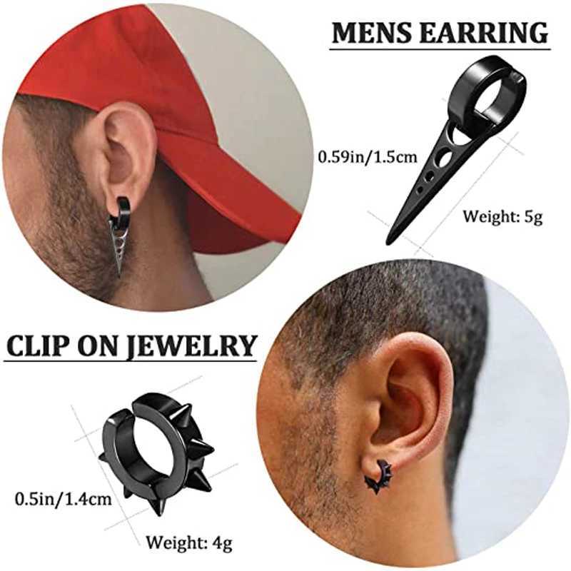 WKOUD 1/10 piece/1 set clip on ring earrings mens stainless steel fake perforated pendant earrings cross feather ear clip W241017