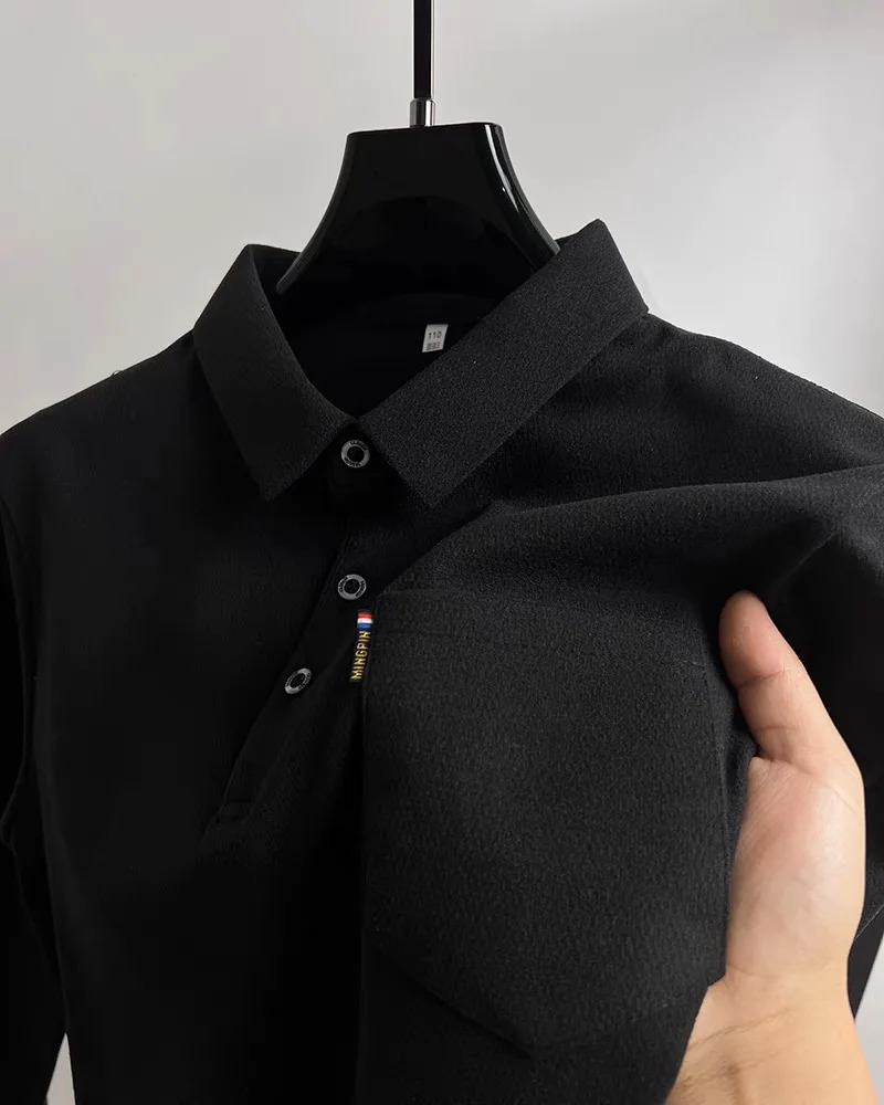 Light high-end brushed long sleeve T-shirt mens autumn fashion pocket thickened shirt collar polo shirt 241017