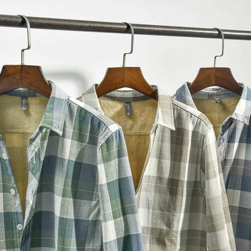 New Winter Shirt Men Plaid Shirts for Men Pure Cotton Fleece Thick Warm Long Sleeve Button Up Shirt Japanese Fresh Camisa Hombre LX241017