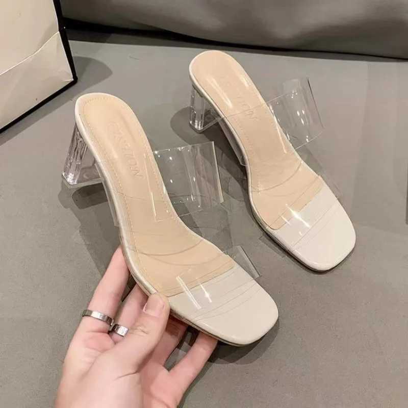 Summer high heels womens shoes fashion transparent high heels sexy hollow breathable slider square toe womens shoes transparent shoe slider Y241017
