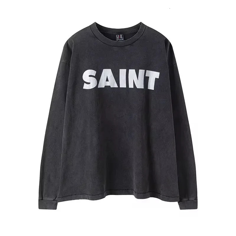 Casual Washed Saint Long Sleeve Tee Men Woman 1 fw Quality Vintage Letter Printing Damaged High Street Top 241016