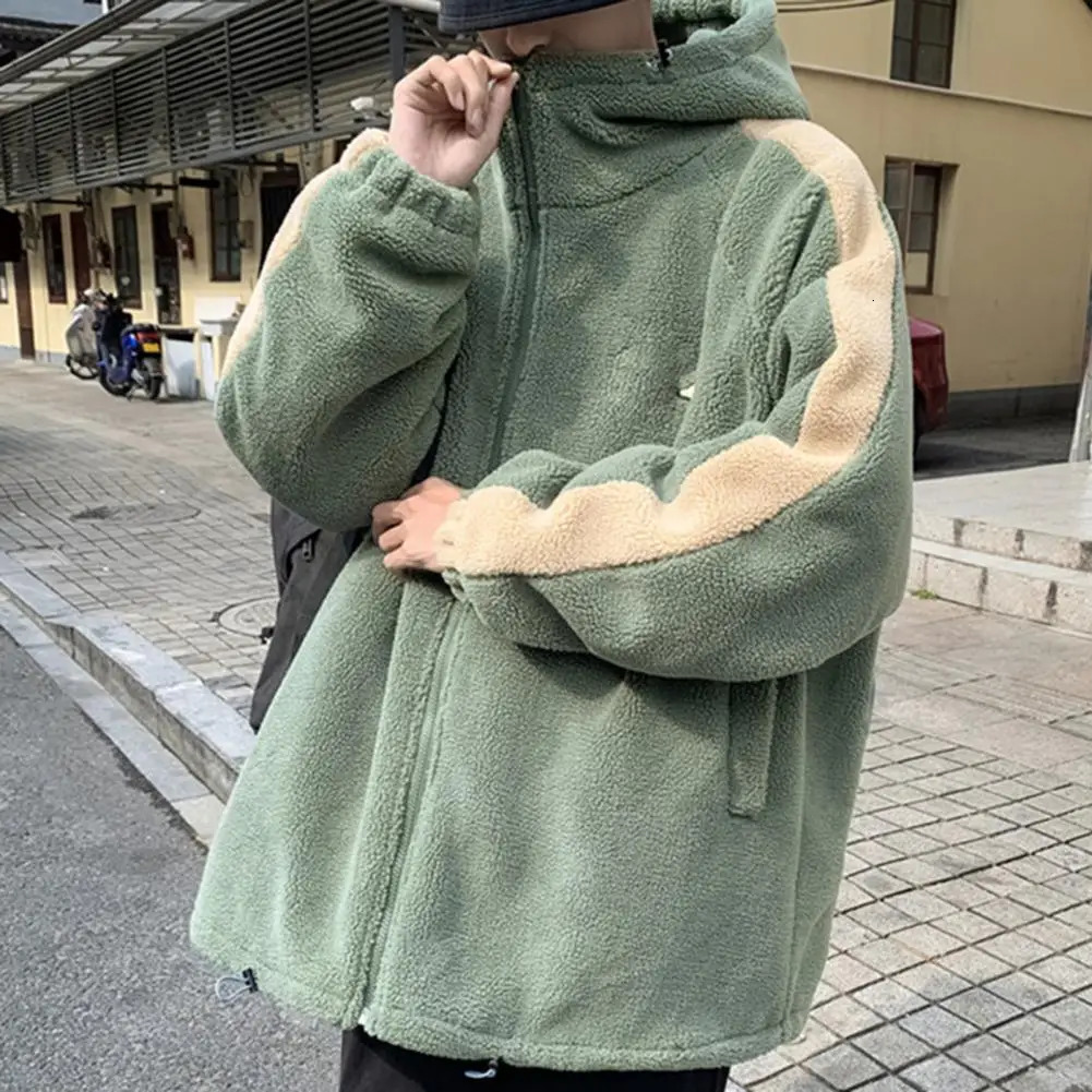 Leisure Vintage Fleece Mens Jacket Oversize Contrast Color Coat Warm Male Outwear Winter Parkas Clothes 241017