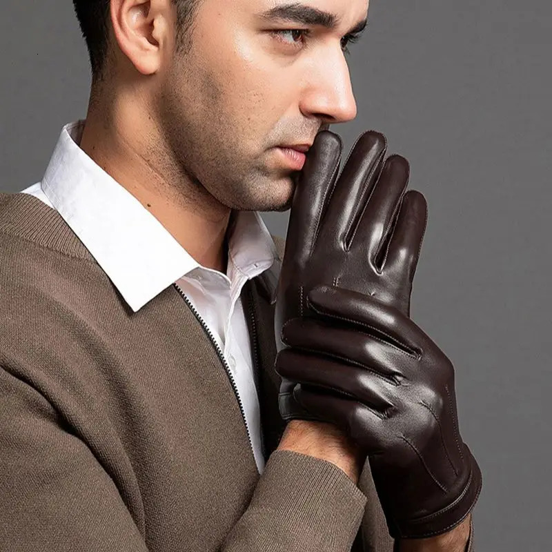 Mens Genuine Sheepskin Leather Gloves Business Short Full Finger Touch Screen Driving Motorcycle Fashion Autumn Winter 241016