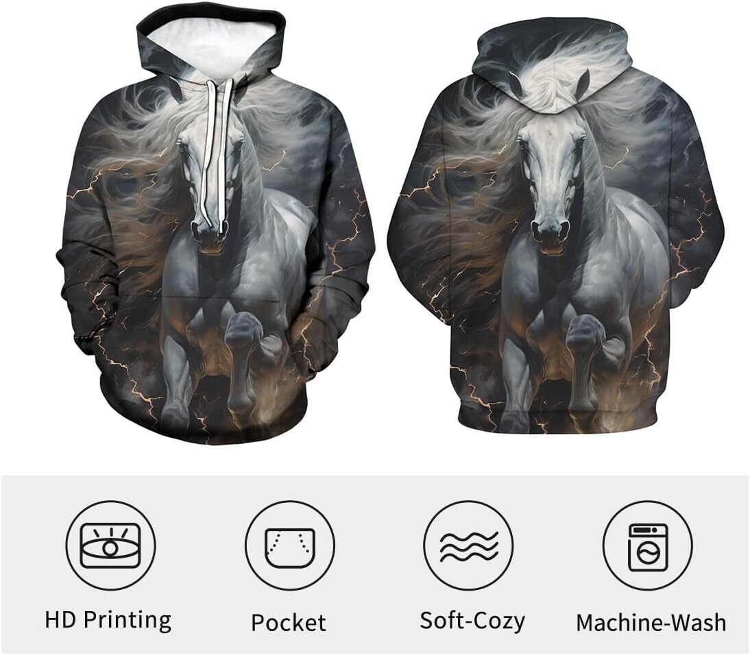 Hoodie for Mens Womens Unisex Novelty Horse Hoodies 3D Animal Pattern Drawstring Pullover Hoodie For Men Graphic Hoodies sweatshirt Pullover Long Slee