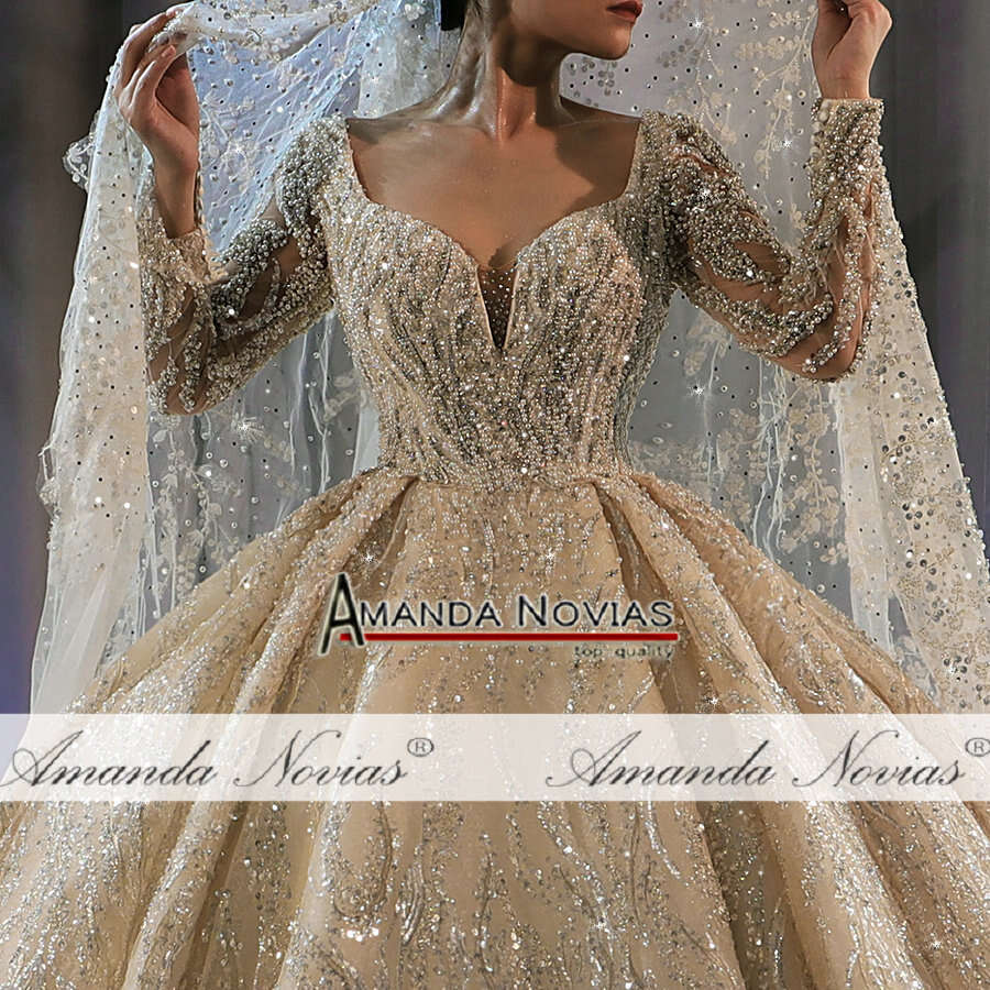 Hot sale full beading wedding with long sleeves bridal dress real work high quality
