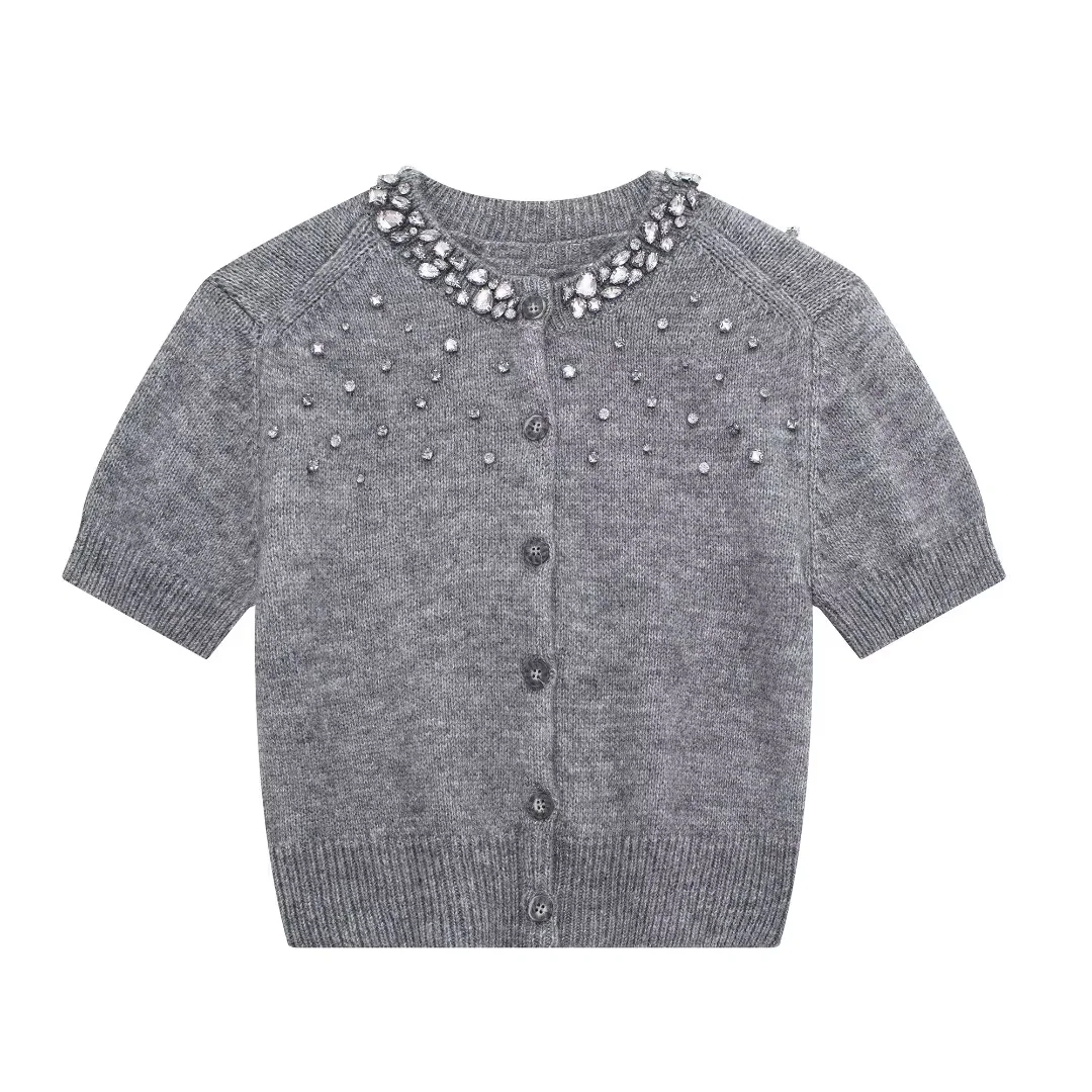 Cardigan Women's Sweater Pearl Knitted Tops Short Sleeve Knitwear With Button Jumpers Inszar Insz 2024 Sweter Damski Y2k Japan