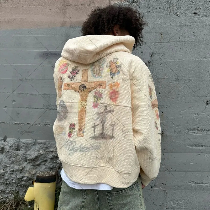 American Retro Casual Oversized Sweatshirt Harajuku Punk Cross Print Zipper Hoodie Men Street Trend Clothing Jacket 241016