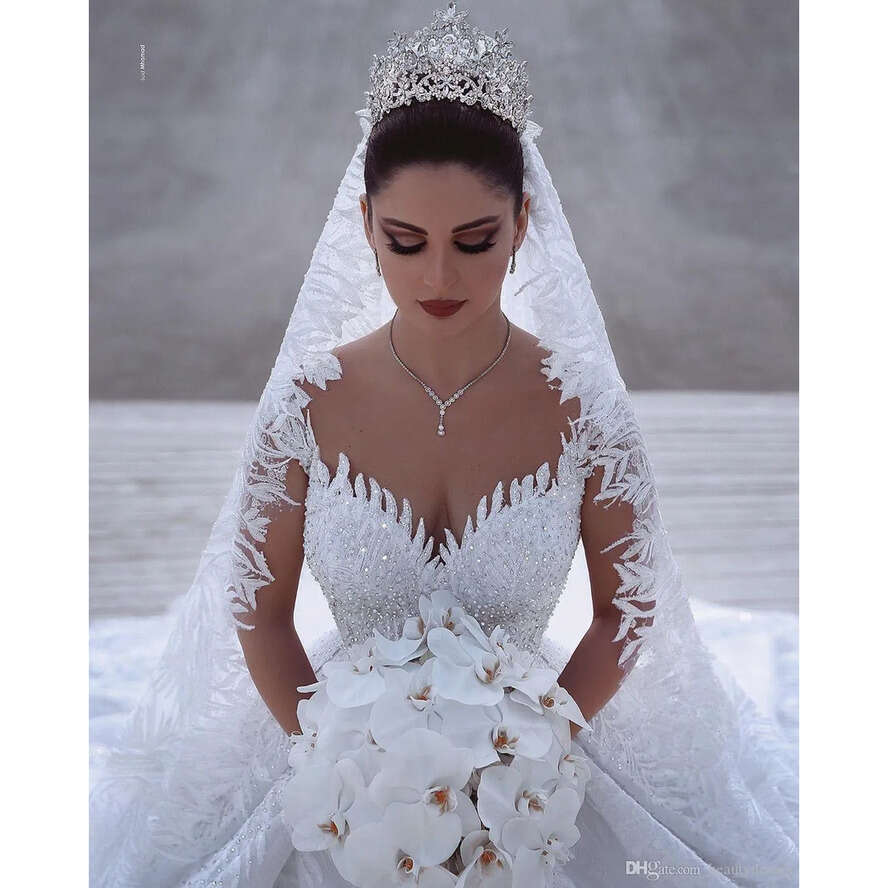 Ball Gown Beaded Urious Wedding Dresses Arabic Modest Long Sleeve Lace Tulle 3D Appliques Sequins Fitted Bridal Gowns Plus Size s