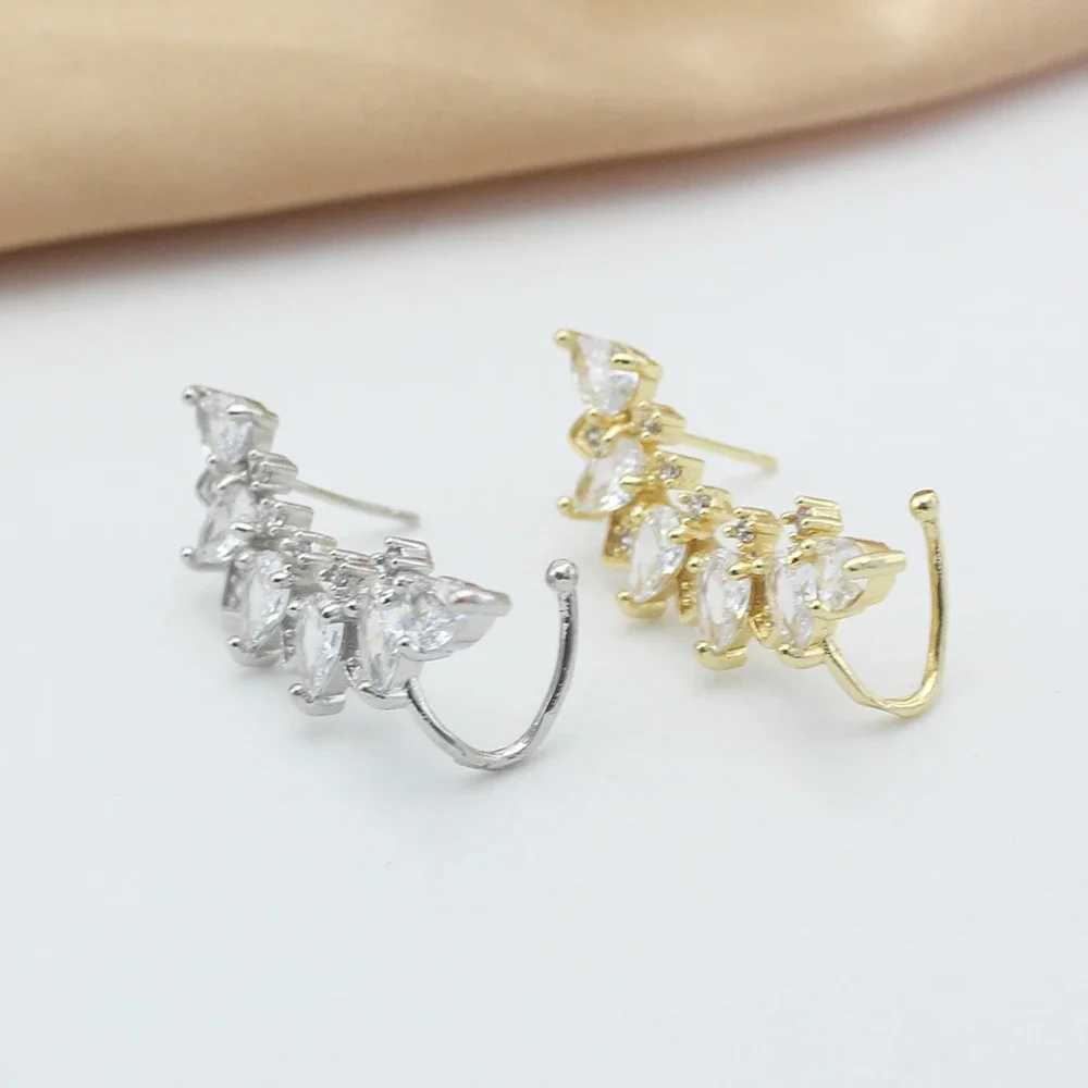 Full CZ crystal leaf ear claws climbers copper perforated earrings clip earrings womens jewelry wholesale girls gifts W241017