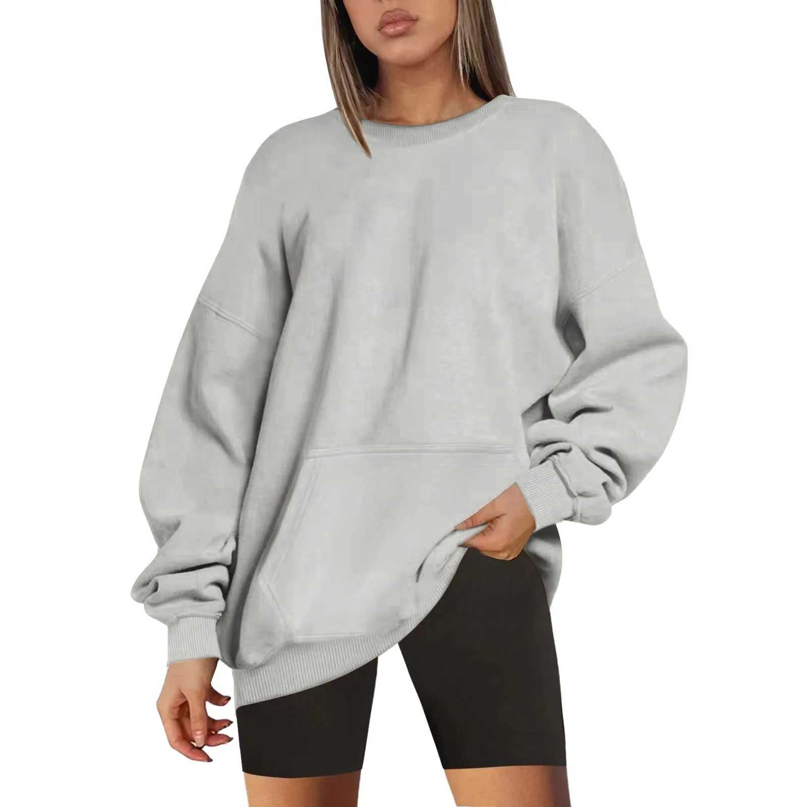 WomenS Solid Color Round Neck Oversized Sweatshirt Loose Fit Long Sleeve Light Sweatshirt Loose Blouse Blank Sweatshirts WomenX241016