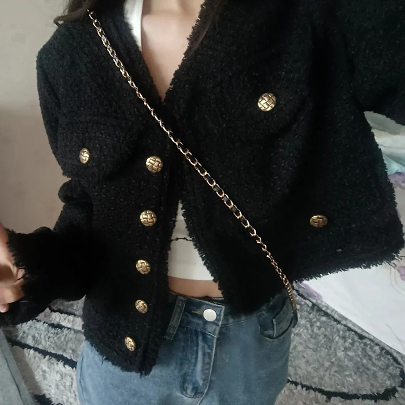 Rimocy 2024 Tweed Cropped Jackets for Women Elegant Short Single-Breasted Coats Woman Korean Chic Black V Neck Jacket Female 241017
