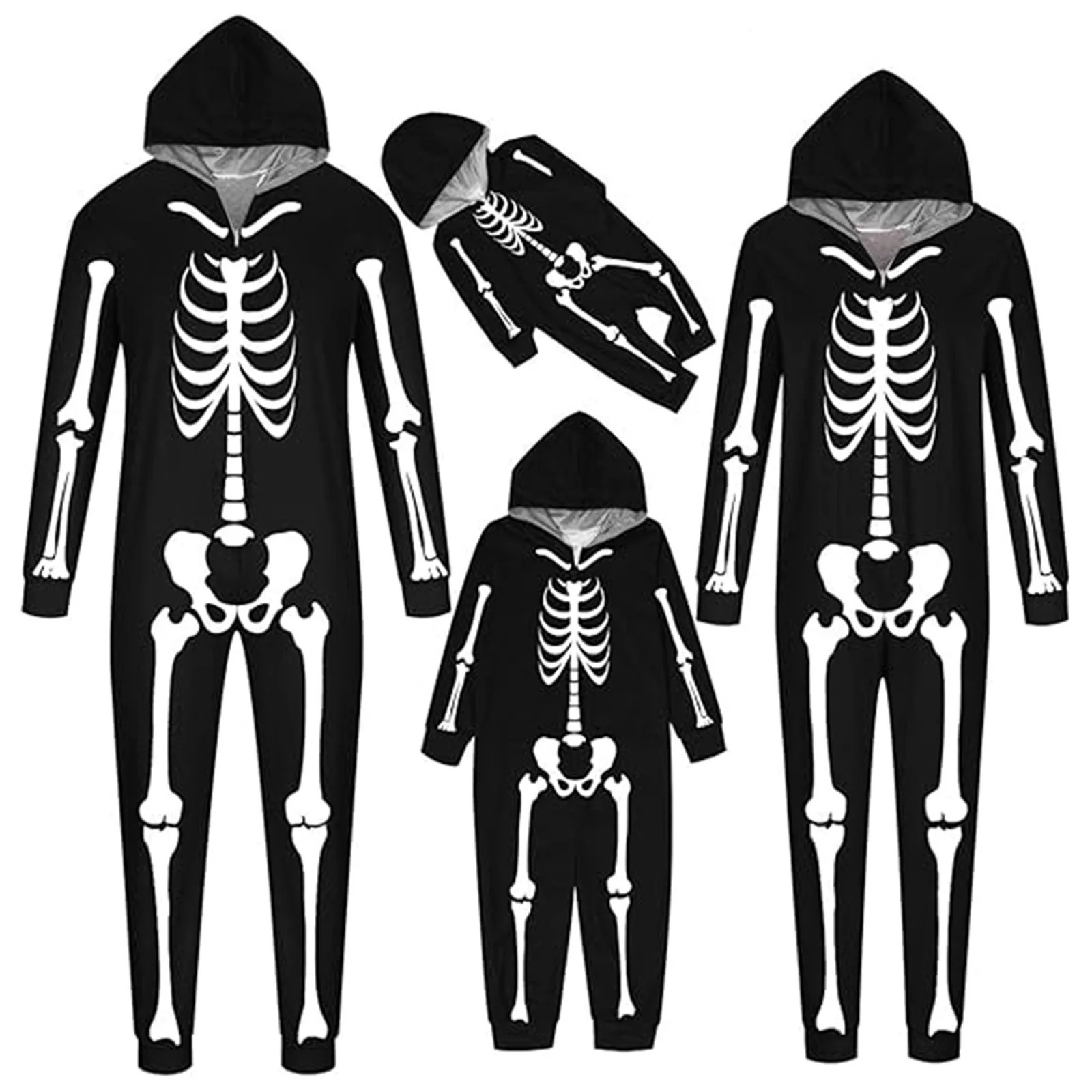 Halloween Party Clothes for Family Skeleton Print Matching Pajamas Set Mom Dad Kids Sleepwear Soft Thick Look Pyjama 241017