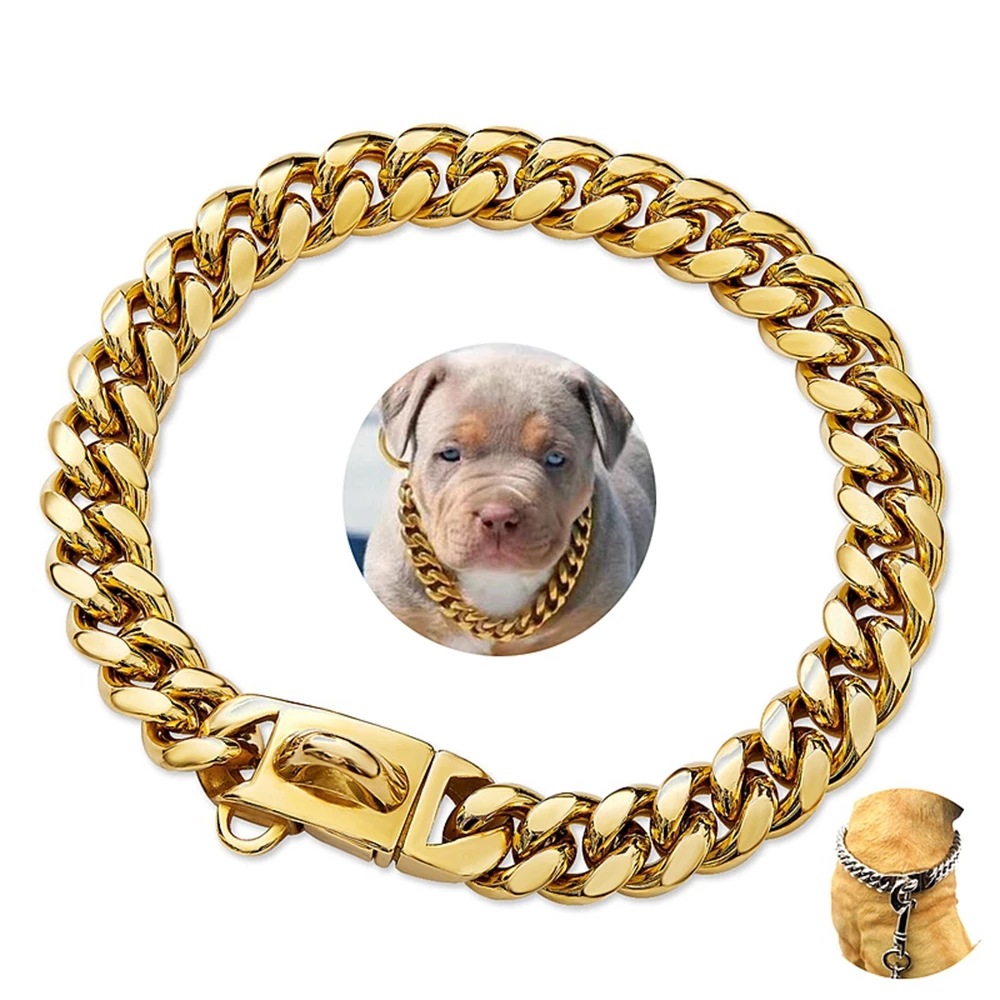 14mm New Pet Stainless Steel Cuban Chain Dog Collar Lock Buckle Gold sier