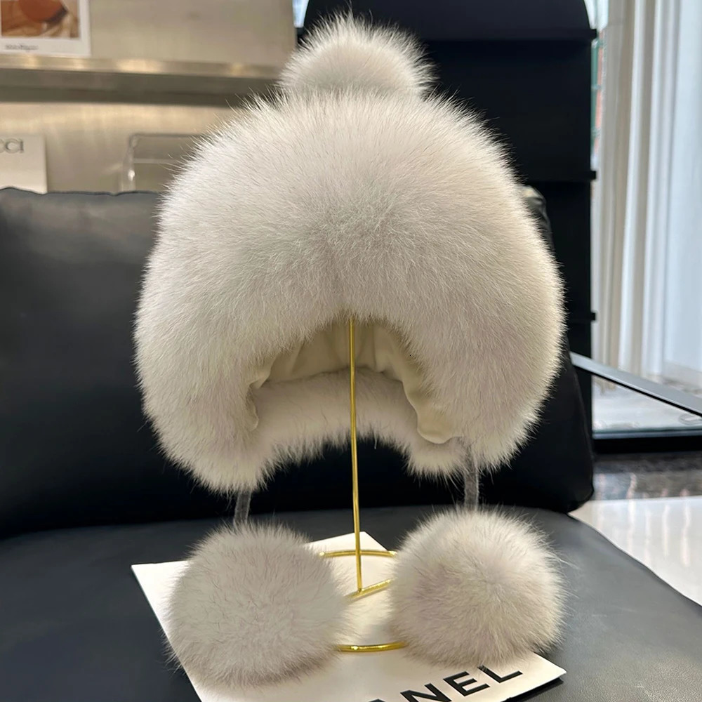 Outdoor Earflap hat Wool Knitted Snow Ski Cap Fleece Bomber Trapper Hat Women Ushanka Real Fox Fur Pompom Winter Russain Cossack 241009