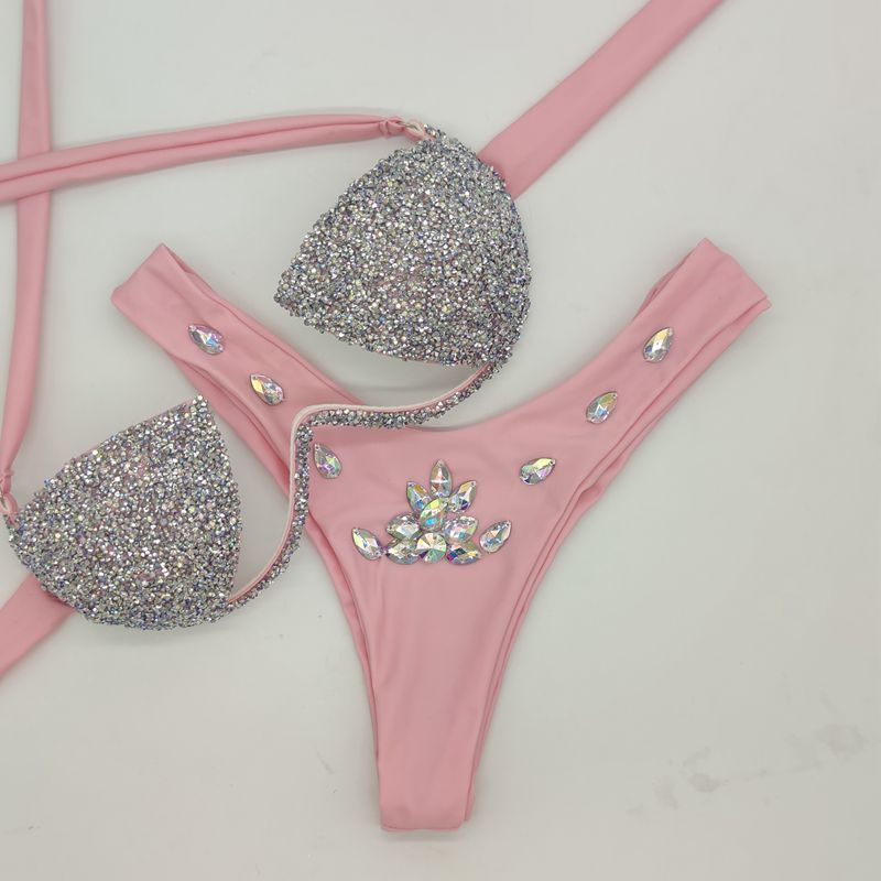 Women's Swimwear Diamond Two-piece Swimsuit Fashion Sequin Design Sexy Bikini Set Solid High Waist Push Up Bathing Suit Women