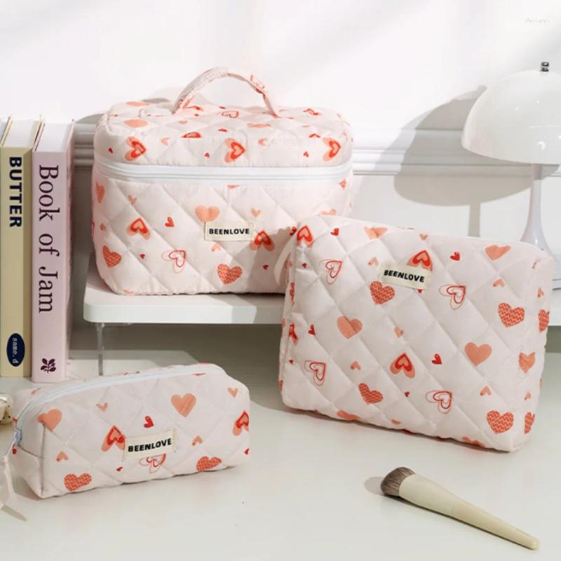 Free Shipping Cosmetic Bags 3pcs Aesthetic Organizer Set Quilted Cotton Sweet Women Makeup Pouch Cherry/heart Pattern Skincare Clutch Toiletry Bag