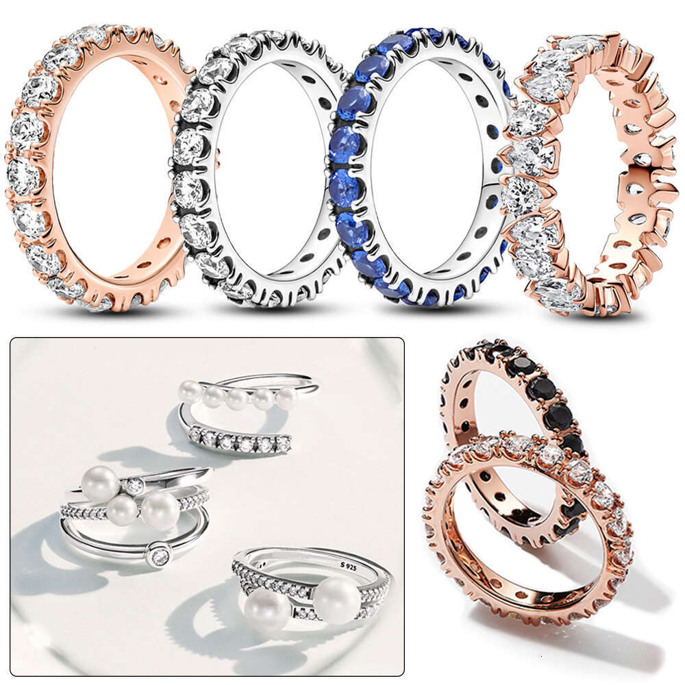 2024 New Sparking Black Row Eternity Ring 925 Sterling Silver Freshwater Cultured Pearls Finger Open Rings for Women Jewelry Gift