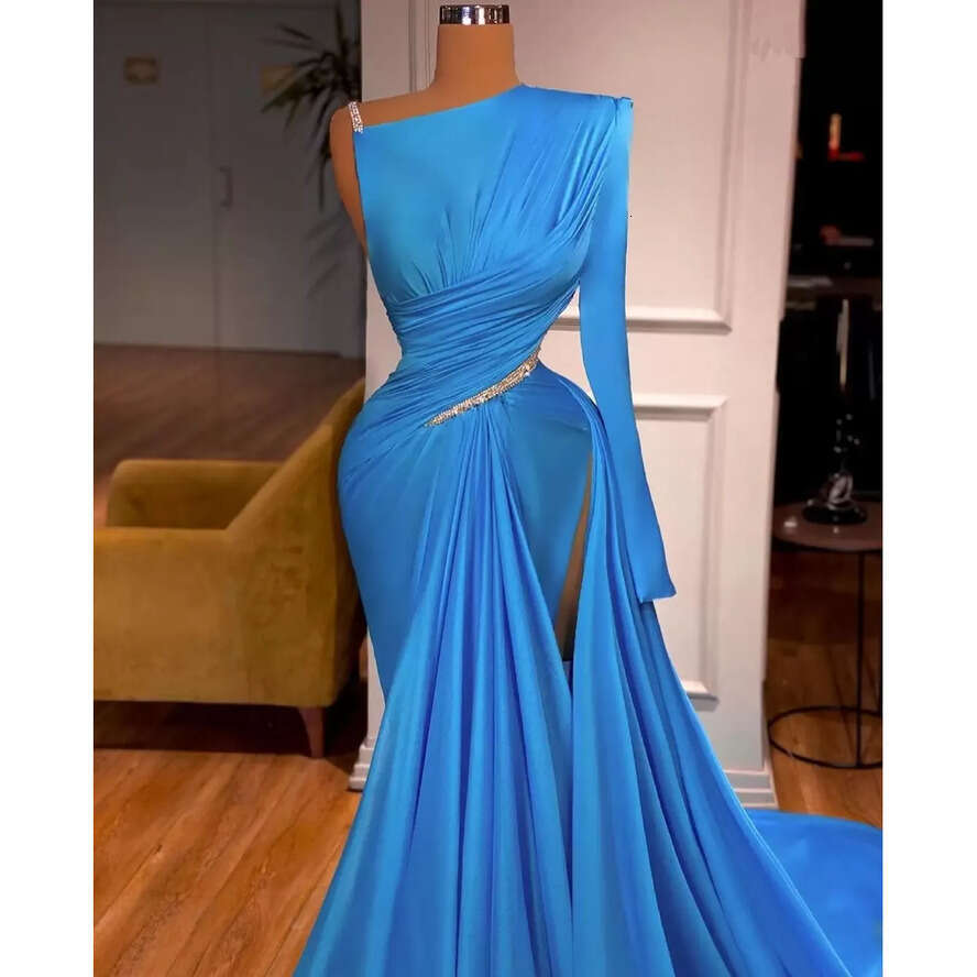 Blue Mermaid Evening 2023 Dresses Pleats Satin Prom Gowns Side Split Beading Sweep Train Party Wear