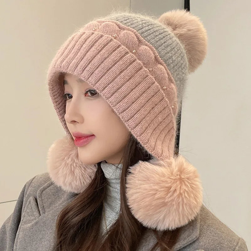 Cute Hairball Hat Women Winter Fleece Warm Knit Cap Windproof Rabbit Hair Student Pullover Woolen Hat Outdoor M572 241009