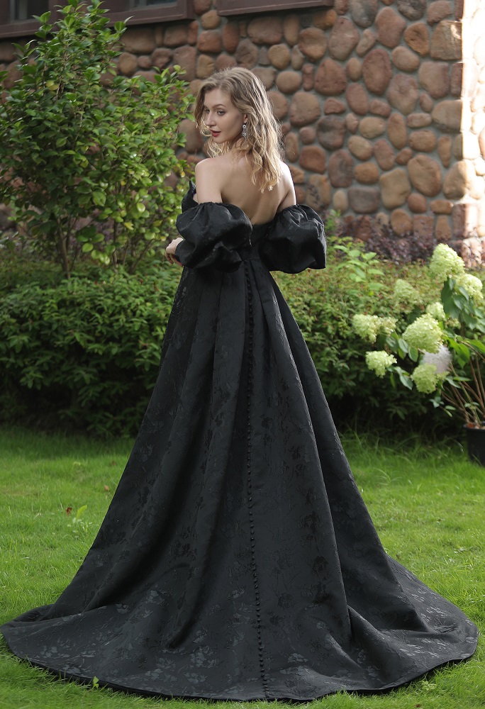 Elegant Black Prom Dress Bishop Sleeves High Slit A-line Puffy Sleeves Evening Party Dresses Sweetheart Photography Gown Vestido Gala Mujer
