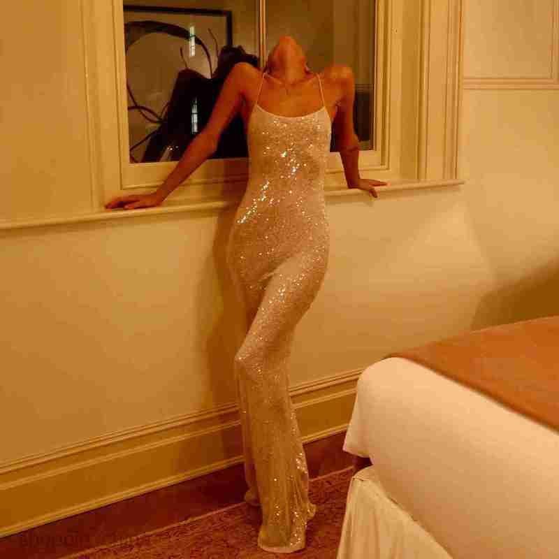 Basic Casual Women Dresses new women's dress floor length long skirt, backless camisole skirt, slim fit sparkling sequin dress