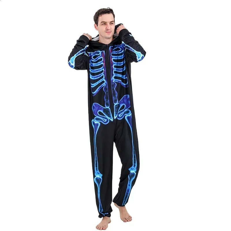 Family Halloween Matching Pajamas Parentchild Skeleton Print Clothes Zipper Hooded OnePiece Jumpsuit Look Pjs 241017