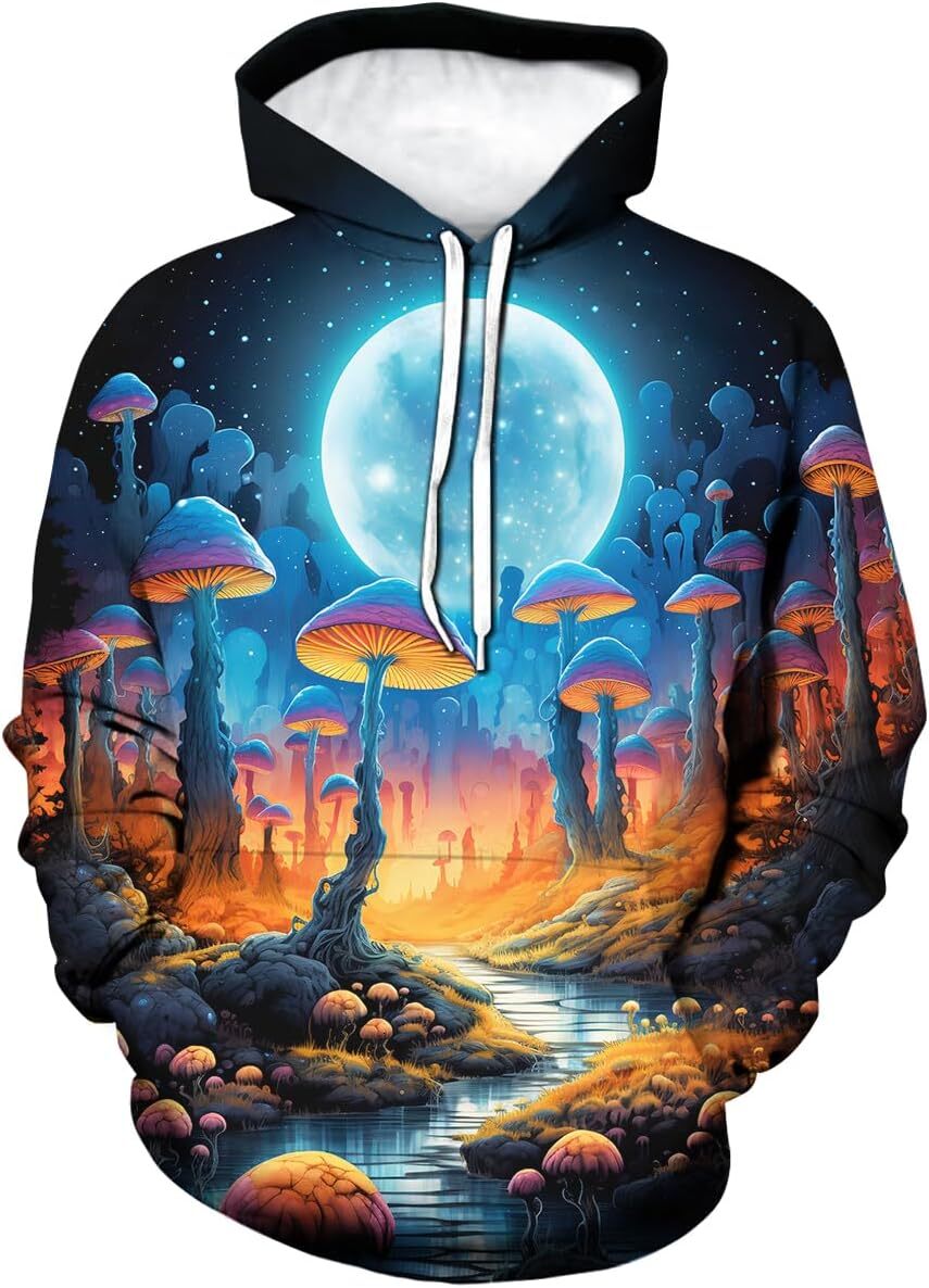 Hoodie for Mens Womens Mens Novelty Mushroom Planet Graphic Hoodie Hoodies 3D Colorful Moon Printing Sweatshirts Pullover,Blue,L Graphic Hoodies sweat