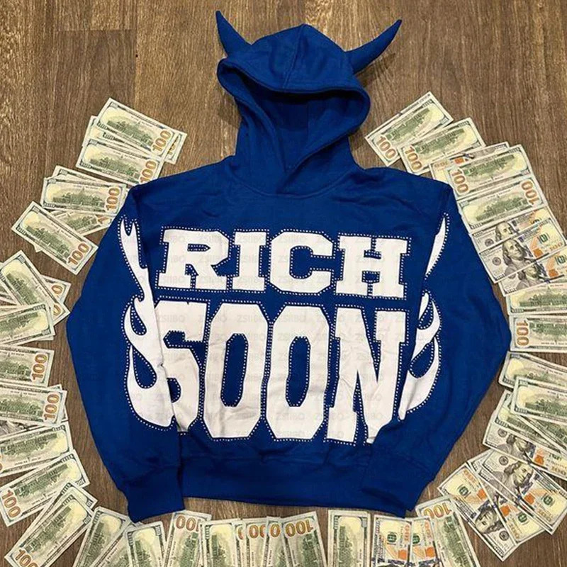 Funny Rhinestone Print Hoodie Y2K Aesthetic Fashion Retro Horn Long Sleeved Hooded Sweatshirt Women Men Clothing Kpop Street Top 241017