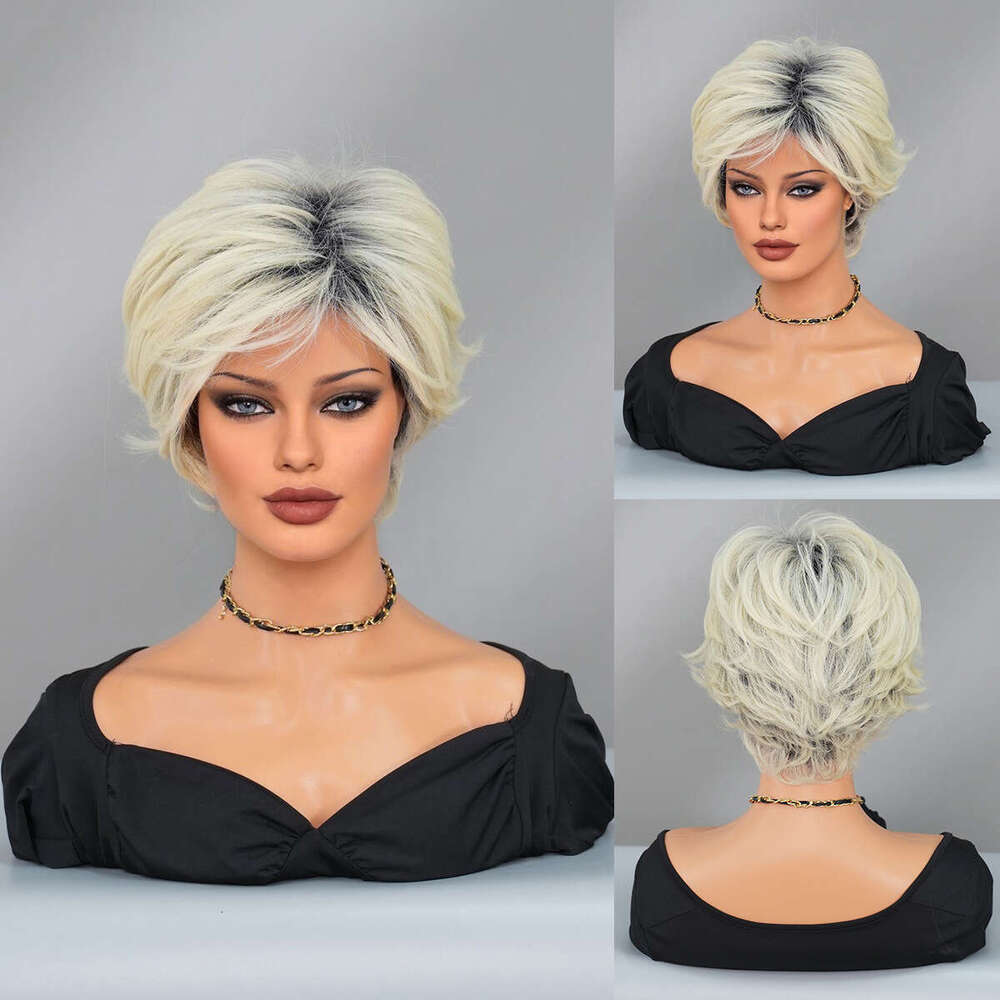 Ladies' Summer Layered Short Hair Platinum Gray Elf Wig Fashionable Top Gradient Synthetic Full Head Cover