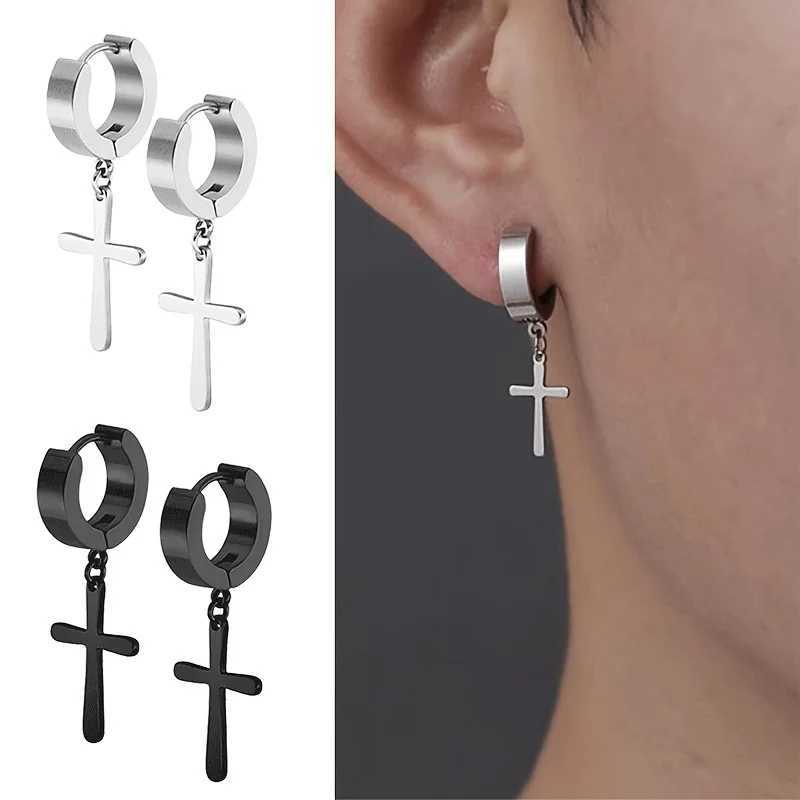 2 pieces/set of fashionable and simple stainless steel cross shaped mens earrings punk hip-hop womens earrings and mens jewelry without ear holes W241