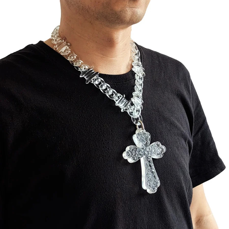 Trendy Acrylic Iridescent Transparent Cross Pendant Necklace for Men Hiphop Brambles Wire Necklaces Fashion Male Jewelry 241009