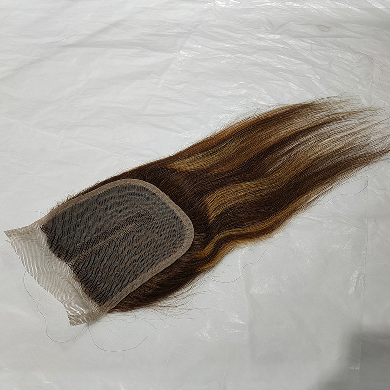 Brazilian Peruvian Human Hair Extensions P4/27 Straight 4 Bundles With 4*4 T Part Lace Closure 5 PCS Piano Color