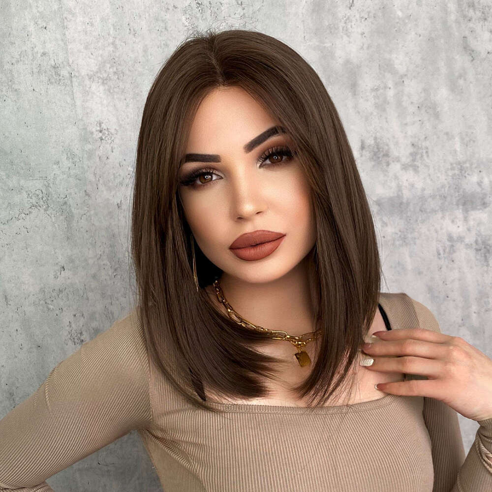 Ladies' Little T Front Wig Synthetic Full Headset Brown Short Straight Hair Mid Split Bob Lace Wigs