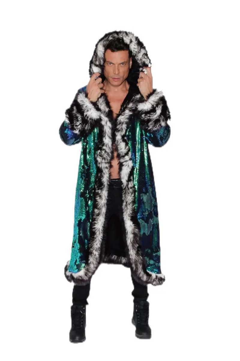 LED glitter faux fur mens jacket nightclub patch workwear long hoodie comfortable holiday party music festival clothing faux fur leather jacket W24122