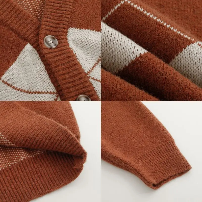 Mens Brown Y2K Knit Sweater Cardigan Retro Winter Blouse Outerwear Knitwear Korean Autumn Clothes Male 241017