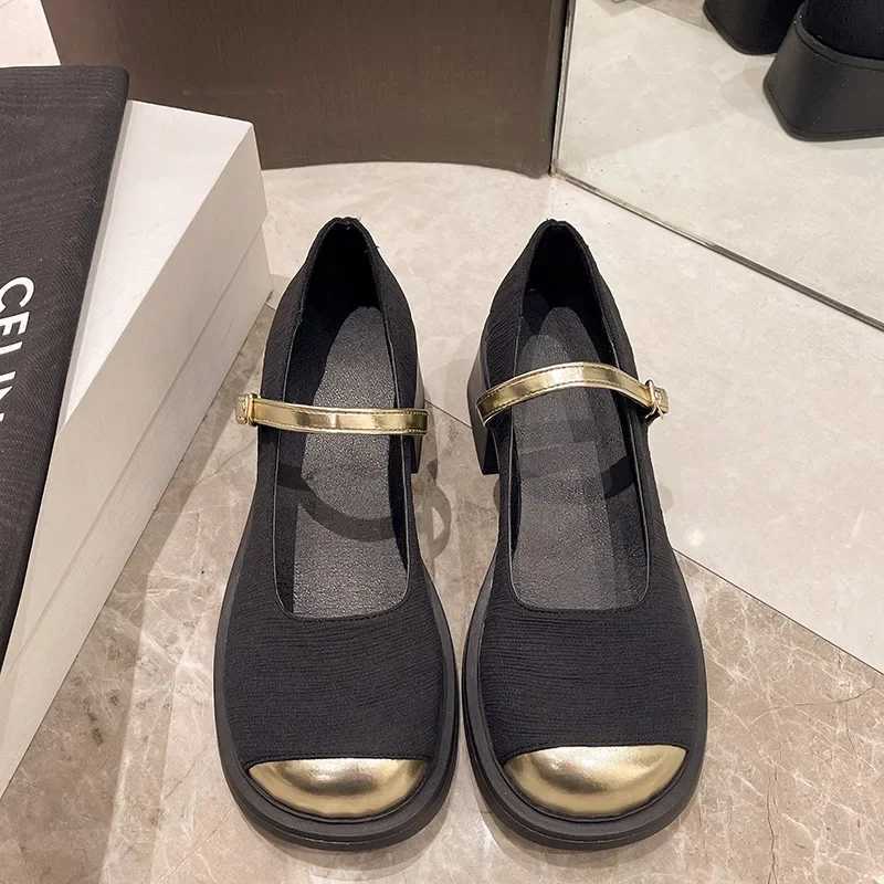 2024 New High Heels Mary Simple Shoes Fashion Metal Round Toe Womens Shoes Retro Thick High Heels Ballet Shoes Shallow Pump Y241017