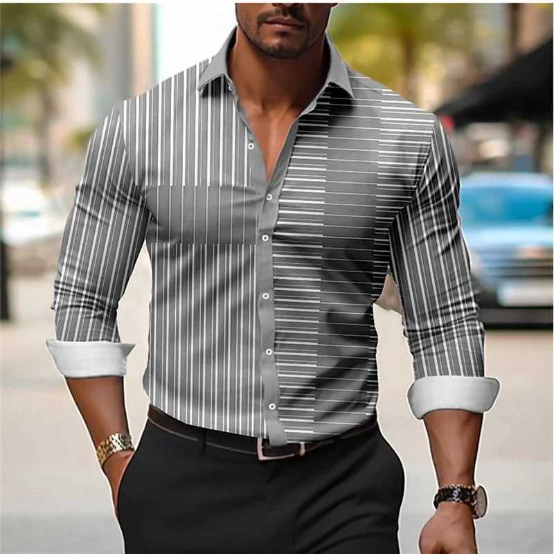 Mens 3D Line Plaid Shirt High Quality Lapel Long Sleeve Shirt Mens Social Shirt Luxury Clothing Slim Prom Oversized Shirt LX241017