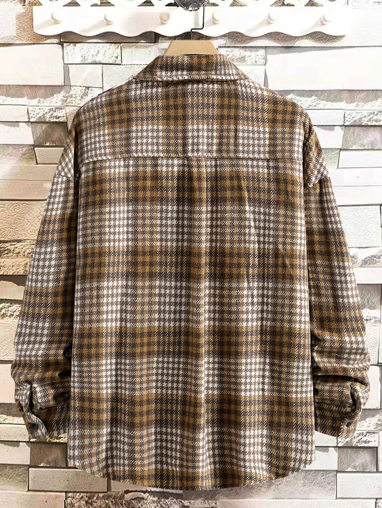 Mens Fashion Plaid Shirt Coat Jacket Long Sleeve Regular Fit Button Up Shirt Pocket Shirt LX241017