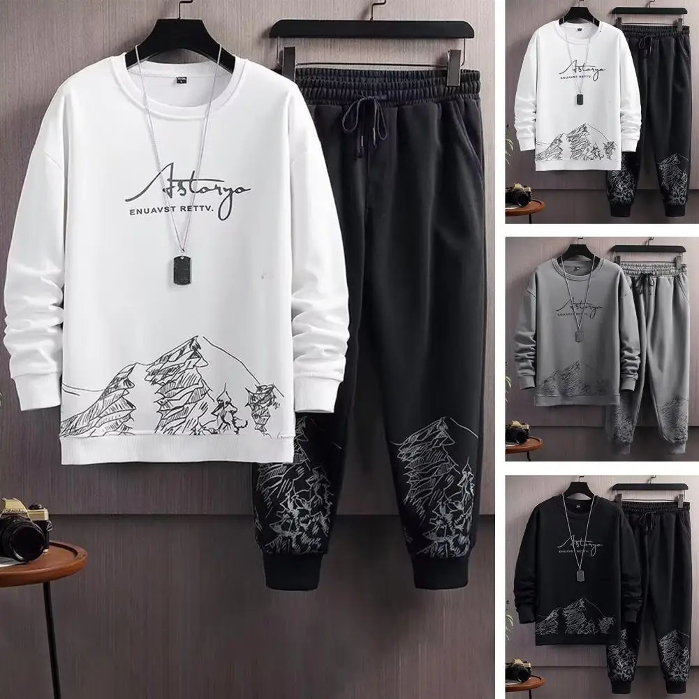 Comfortable Men Track Suit Mens Mountain Print Tracksuit Set with O-neck Sweatshirt Drawstring Jogger Pants for Autumn Winter 241017