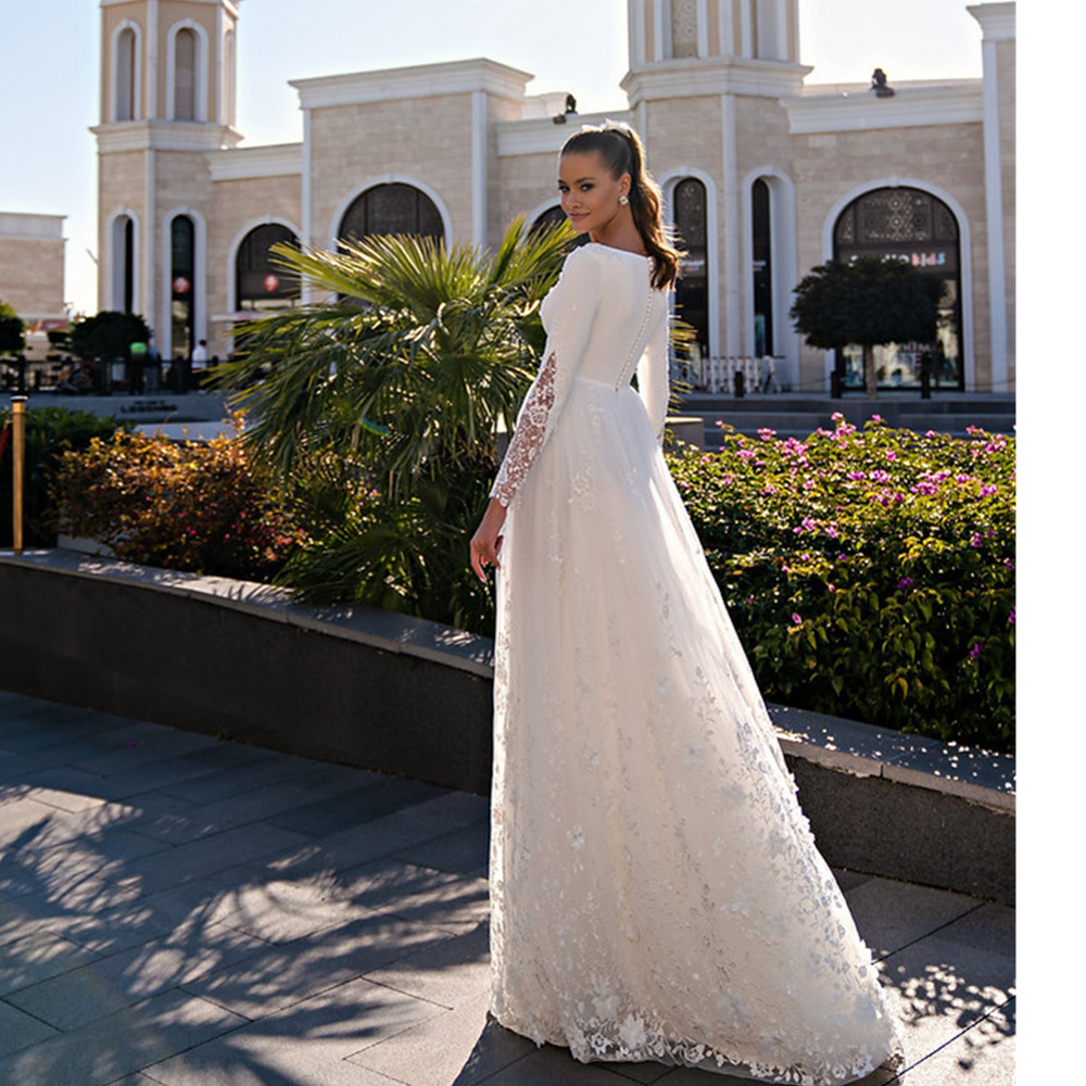 Exquisite O-Neck Lace Long Sleeve Wedding Dress Button Back Satin And Tulle Bridal Gown With Appliques Civil Vestidos De Noiva
