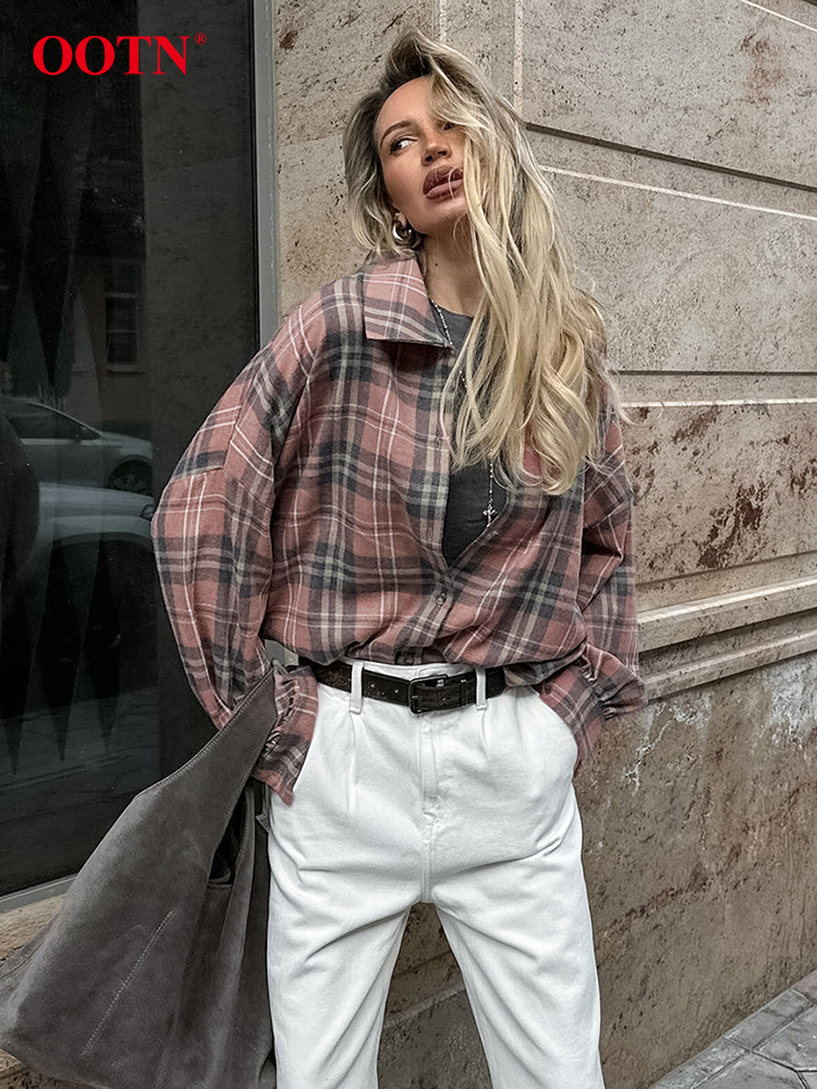OO Casual Pink Plaid Blouses Female Summer Long Sleeve Striped Loose Tops Streetwear Single Breasted Shirts Coats Women